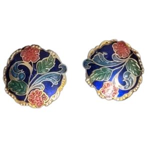 CLOISONNE Flower Clip On Earrings Multi Color Enamel Floral genuine VINTAGE